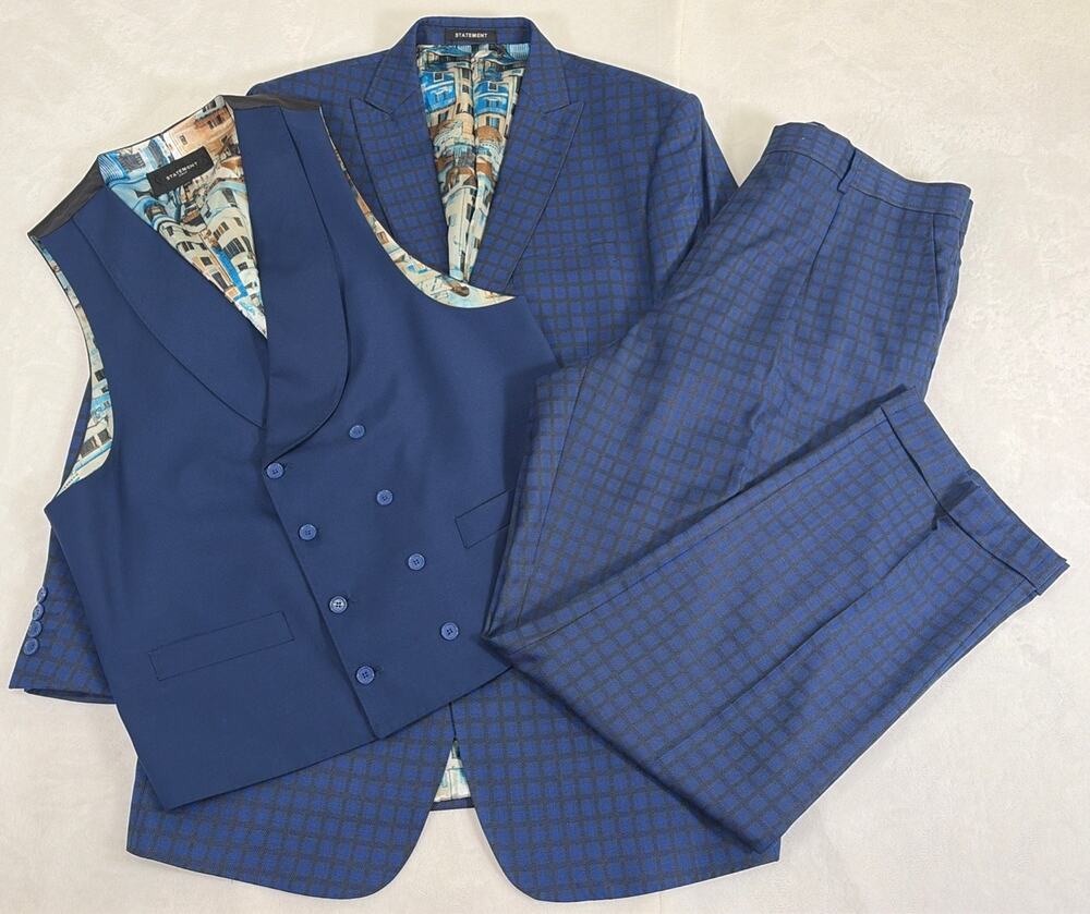 Statement Italy Men's 3 PC Blue & Black Plaid Suit Size 42L x 36L BNfts Charity